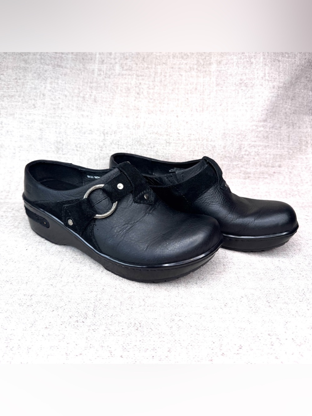 Born Black Leather Mule Clogs Shoes size 8/39 slip‎ on suede strap buckle Boho